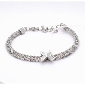 Silver Mesh Butterfly CZ Charm Bracelet Stainless Adjustable
